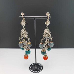 Beautiful silver tone clip-on filagree dangle earrings GUC